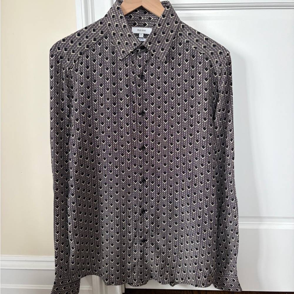 Reiss Men’s ‘Brass’ Geometric Black White Button Down Slim Viscose Shirt